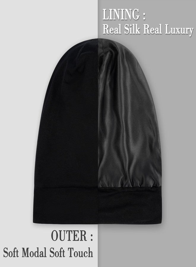 LULUSILK Mulberry Silk Bonnet for Sleeping Women, Real Silk Sleep Cap for Curly Hair and Braids, Pure Silk Head Wrap with Scrunchies, Black - Image 2